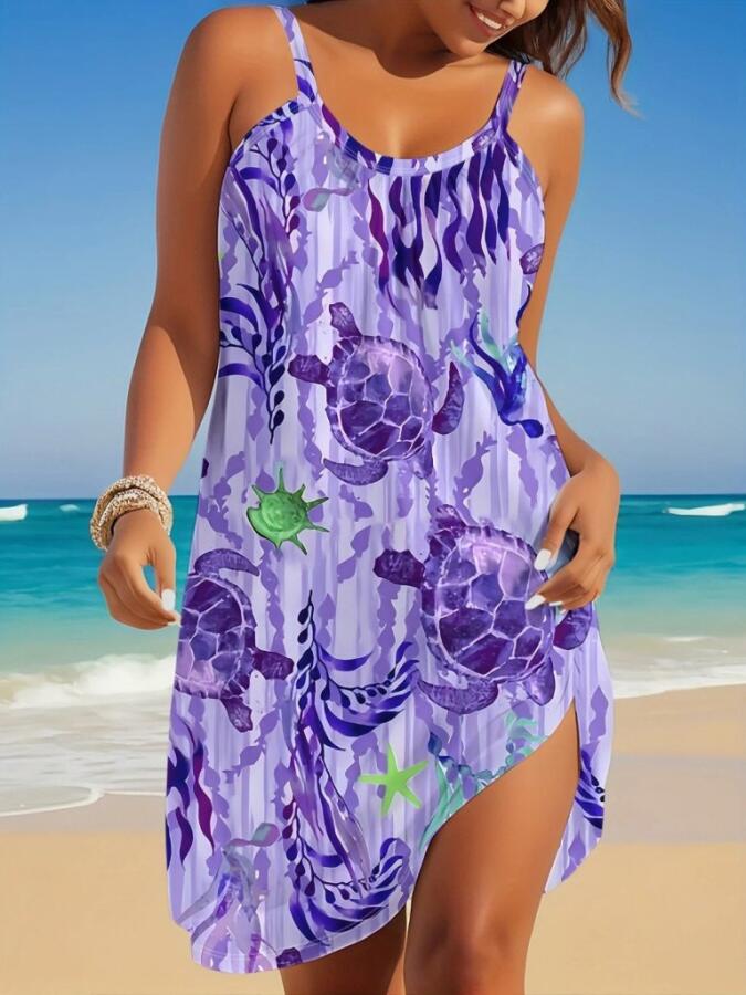 Kadın Askılı Yuvarlak Yaka Kaplumbağa Desenli Süprem Elbise - 1