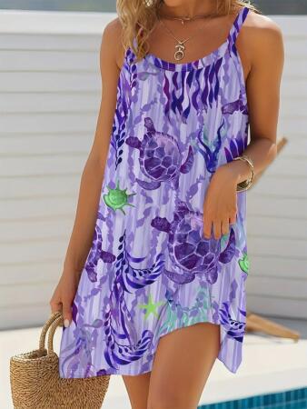 Kadın Askılı Yuvarlak Yaka Kaplumbağa Desenli Süprem Elbise - 3