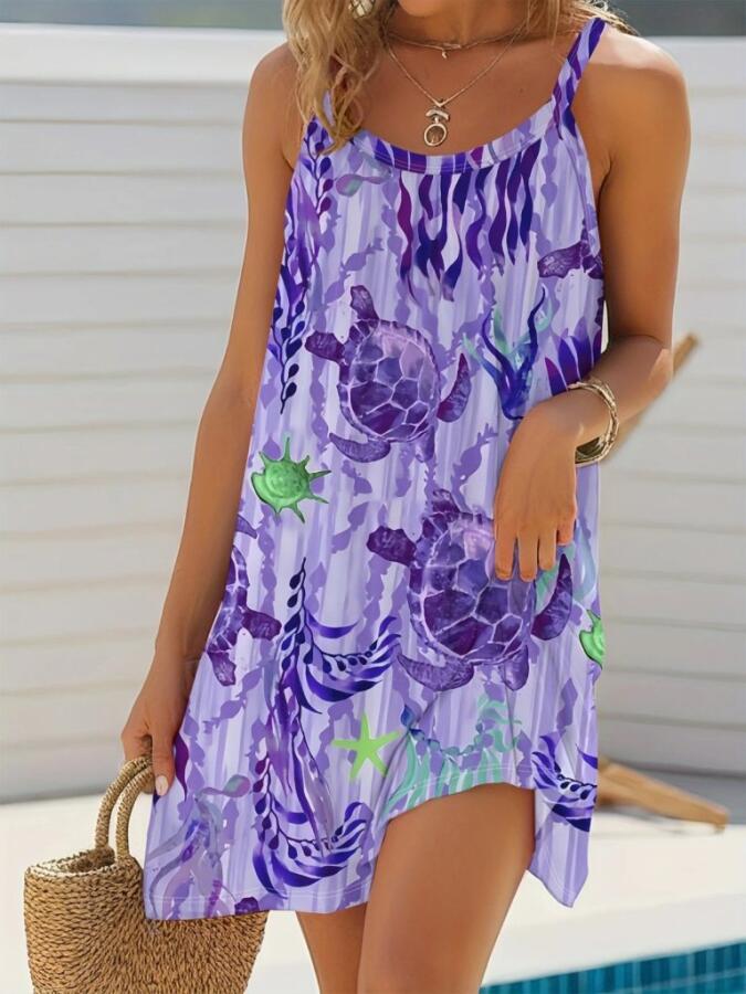 Kadın Askılı Yuvarlak Yaka Kaplumbağa Desenli Süprem Elbise - 3