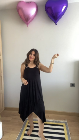 Kadın Askılı Yuvarlak Yaka Kuş Gözü Detaylı Asimetrik Viskon Elbise - ANGELINO BuyukBedeniz