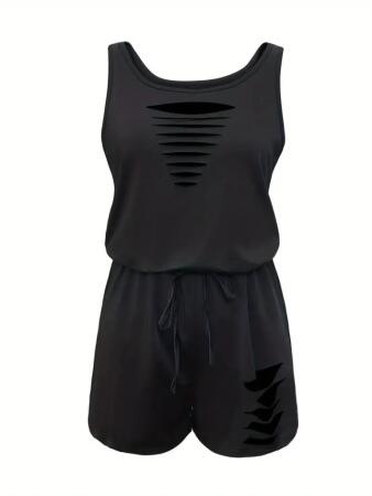 Kadın Askılı Yuvarlak Yaka Lazer Kesim Detaylı Bağcıklı Kısa Viskon Tulum - 4