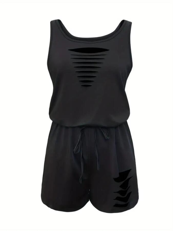 Kadın Askılı Yuvarlak Yaka Lazer Kesim Detaylı Bağcıklı Kısa Viskon Tulum - 4