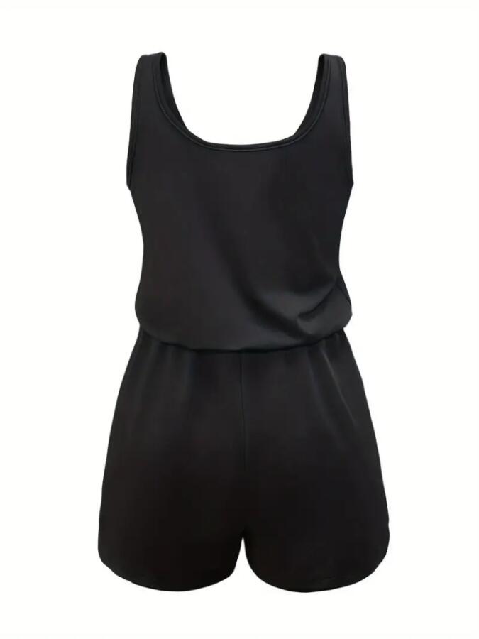 Kadın Askılı Yuvarlak Yaka Lazer Kesim Detaylı Bağcıklı Kısa Viskon Tulum - 5