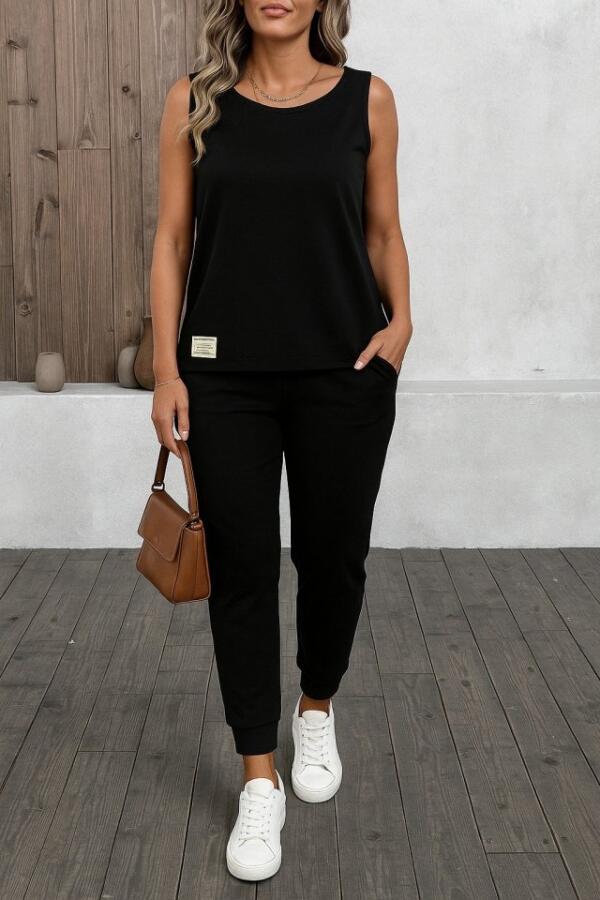 Kadın Askılı Yuvarlak Yaka Viskon Iki Iplik Bluz Ve Eşofman Altı Ikili Takım - 1