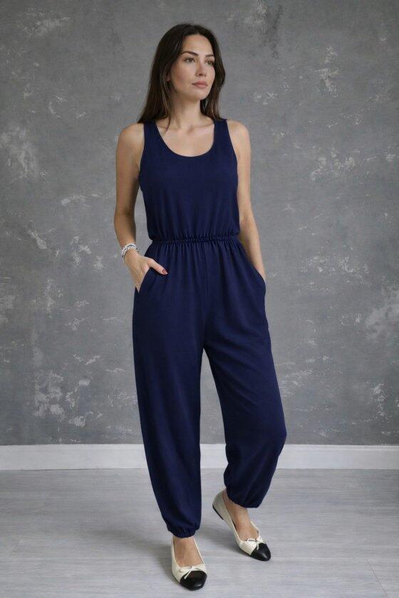 Kadın Askılı Yuvarlak Yakalı Cepli Viskon Tulum - 2