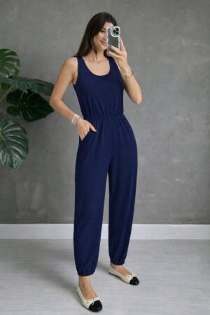 Kadın Askılı Yuvarlak Yakalı Cepli Viskon Tulum - 3