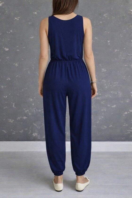 Kadın Askılı Yuvarlak Yakalı Cepli Viskon Tulum - 4