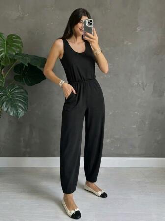 Kadın Askılı Yuvarlak Yakalı Cepli Viskon Tulum - ANGELINO BuyukBedeniz (1)