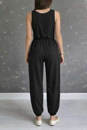 Kadın Askılı Yuvarlak Yakalı Cepli Viskon Tulum - 4