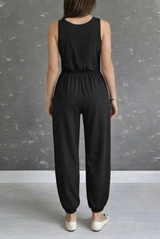 Kadın Askılı Yuvarlak Yakalı Cepli Viskon Tulum - 4