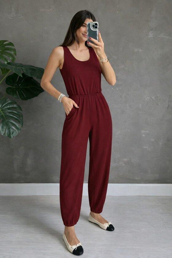 Kadın Askılı Yuvarlak Yakalı Cepli Viskon Tulum - 2