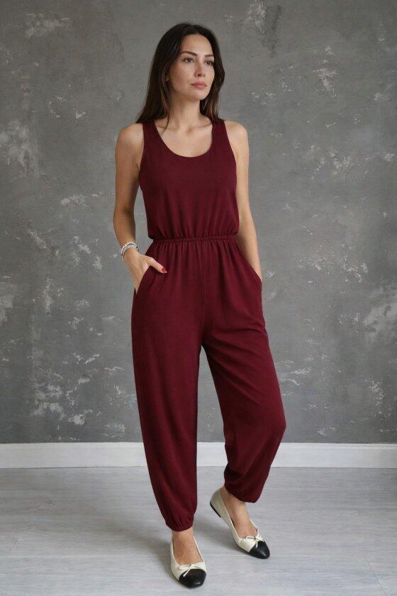 Kadın Askılı Yuvarlak Yakalı Cepli Viskon Tulum - 3