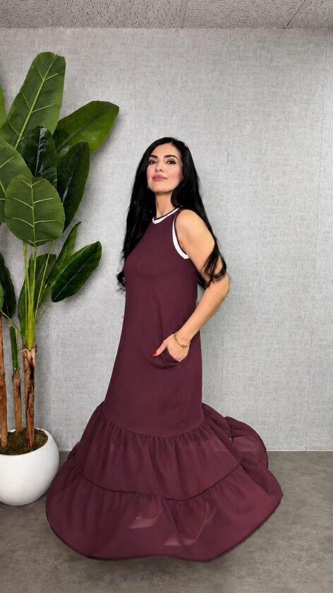 Kadın Askılı Yuvarlak Yakalı Etek Ucu şifon Detaylı Uzun Viskon Iki Iplik Elbise - 3