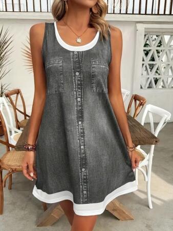 Kadın Askılı Yuvarlak Yakalı Kot Görünümlü Kısa Süprem Elbise - ANGELINO BuyukBedeniz (1)