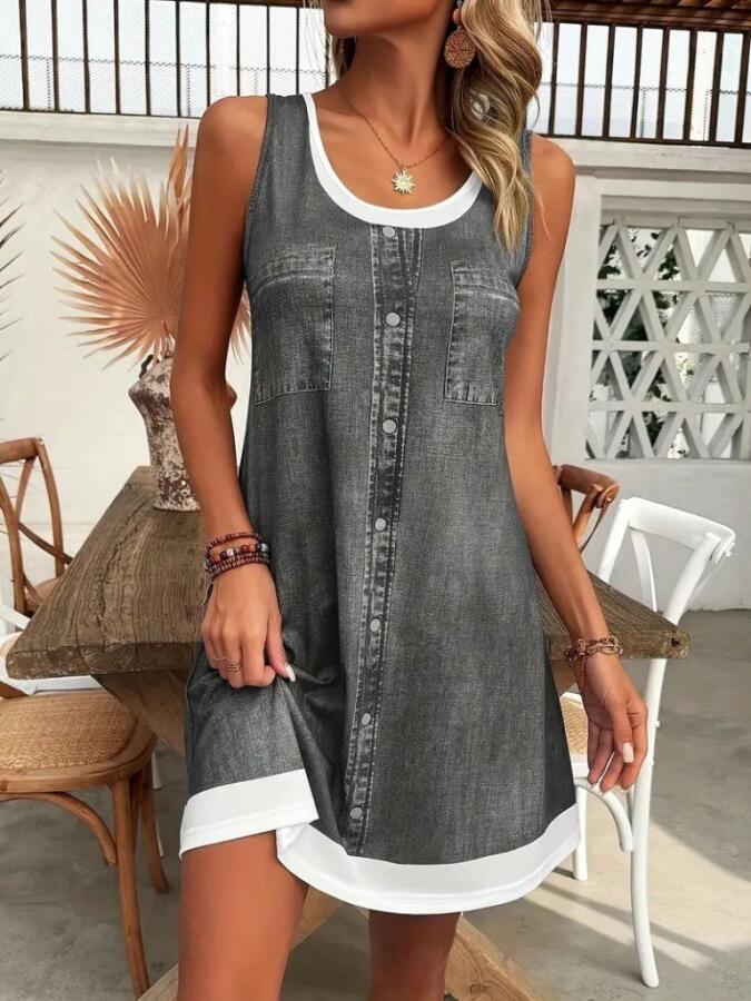 Kadın Askılı Yuvarlak Yakalı Kot Görünümlü Kısa Süprem Elbise - 3