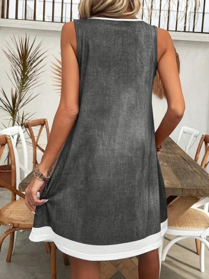 Kadın Askılı Yuvarlak Yakalı Kot Görünümlü Kısa Süprem Elbise - 4