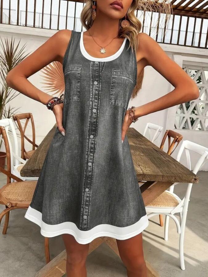 Kadın Askılı Yuvarlak Yakalı Kot Görünümlü Kısa Süprem Elbise - 5