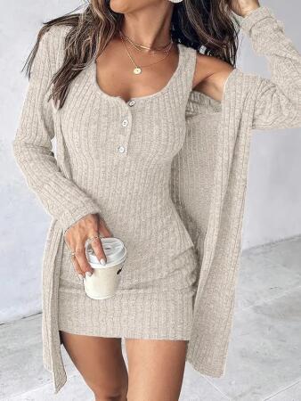 Kadın Askılı Yuvarlak Yakalı önü Düğmeli şardonlu Kaşkorse Mini Elbise Ve Kısa Ceket - ANGELINO BuyukBedeniz