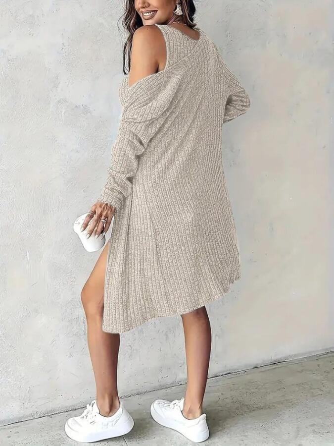 Kadın Askılı Yuvarlak Yakalı önü Düğmeli şardonlu Kaşkorse Mini Elbise Ve Kısa Ceket - 3