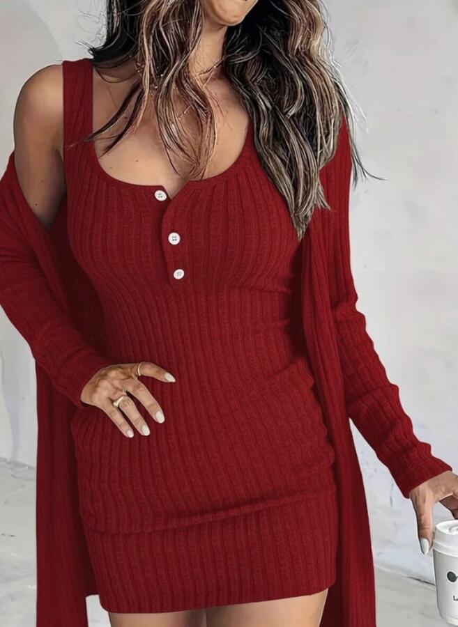 Kadın Askılı Yuvarlak Yakalı önü Düğmeli şardonlu Kaşkorse Mini Elbise Ve Kısa Ceket - 3