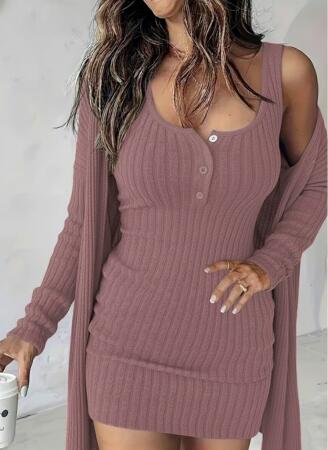 Kadın Askılı Yuvarlak Yakalı önü Düğmeli şardonlu Kaşkorse Mini Elbise Ve Kısa Ceket - ANGELINO BuyukBedeniz