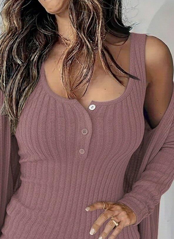 Kadın Askılı Yuvarlak Yakalı önü Düğmeli şardonlu Kaşkorse Mini Elbise Ve Kısa Ceket - 2