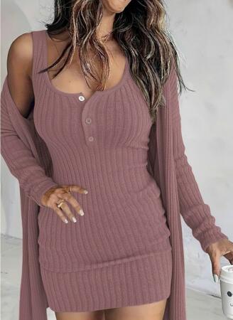 Kadın Askılı Yuvarlak Yakalı önü Düğmeli şardonlu Kaşkorse Mini Elbise Ve Kısa Ceket - 3