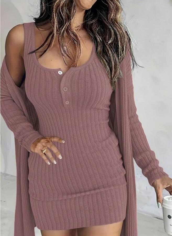 Kadın Askılı Yuvarlak Yakalı önü Düğmeli şardonlu Kaşkorse Mini Elbise Ve Kısa Ceket - 3