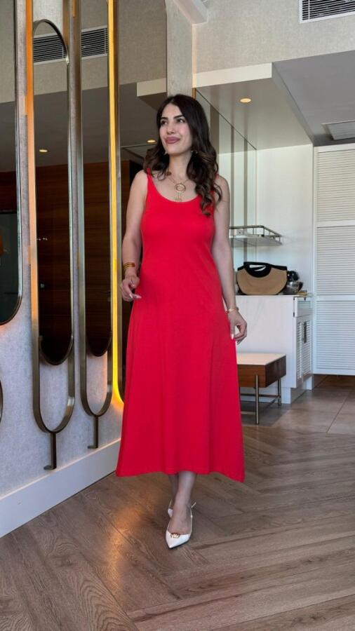 Kadın Askılı Yuvarlak Yakalı Viskon Elbise - 1