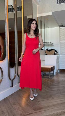 Kadın Askılı Yuvarlak Yakalı Viskon Elbise - 4