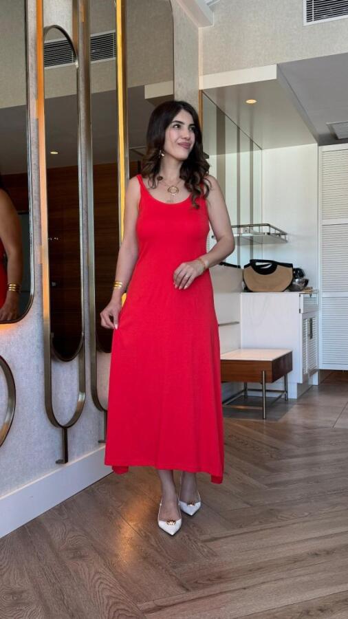 Kadın Askılı Yuvarlak Yakalı Viskon Elbise - 4