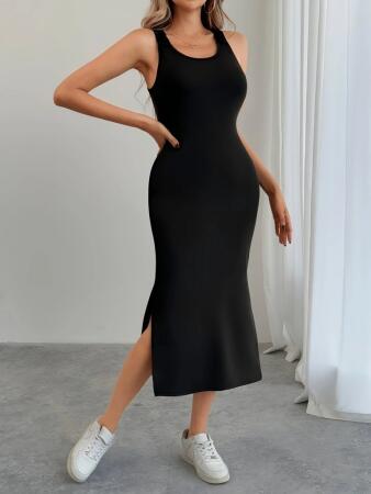 Kadın Askılı Yuvarlak Yakalı Yandan Yırtmaçlı Arkası Dantel Detaylı Viskon Elbise - ANGELINO BuyukBedeniz (1)