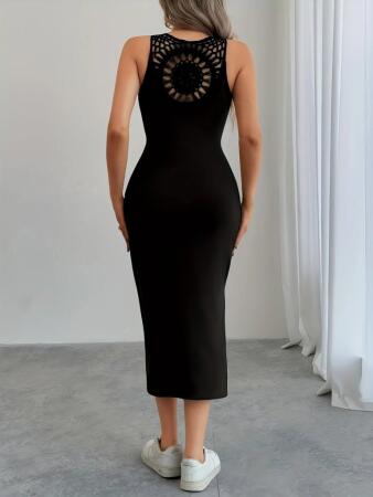 Kadın Askılı Yuvarlak Yakalı Yandan Yırtmaçlı Arkası Dantel Detaylı Viskon Elbise - 4