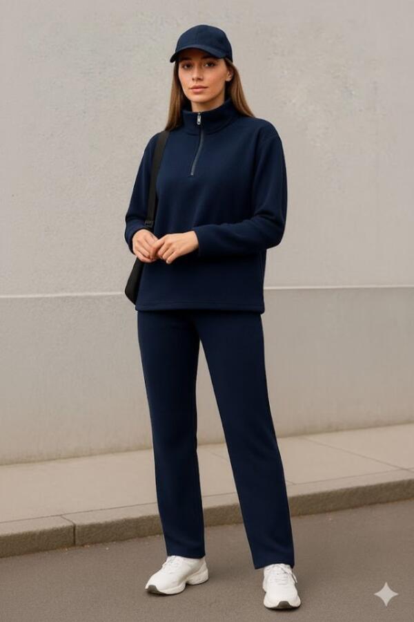 Kadın Balıkçı Yaka Fermuar Detay Polar Sweat Ve Pantolon Ikili Takım - 2