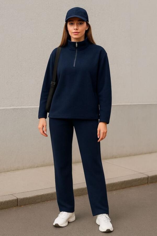 Kadın Balıkçı Yaka Fermuar Detay Polar Sweat Ve Pantolon Ikili Takım - 3