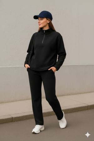 Kadın Balıkçı Yaka Fermuar Detay Polar Sweat Ve Pantolon Ikili Takım - 1