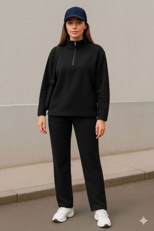 Kadın Balıkçı Yaka Fermuar Detay Polar Sweat Ve Pantolon Ikili Takım - 2