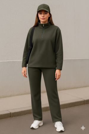 Kadın Balıkçı Yaka Fermuar Detay Polar Sweat Ve Pantolon Ikili Takım - 1