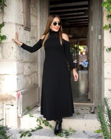 Kadın Balıkçı Yaka Omuzlardan Açık Uzun Kollu Janjan Krep Elbise - 3