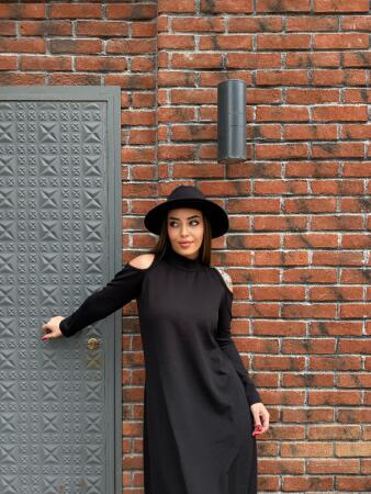 Kadın Balıkçı Yaka Omuzlardan Açık Uzun Kollu Janjan Krep Elbise - 6