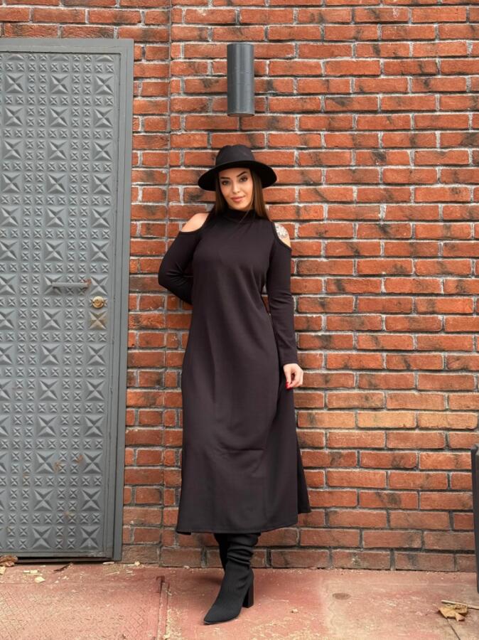 Kadın Balıkçı Yaka Omuzlardan Açık Uzun Kollu Janjan Krep Elbise - 9