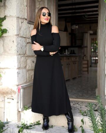 Kadın Balıkçı Yaka Omuzlardan Açık Uzun Kollu Janjan Krep Elbise - ANGELINO BuyukBedeniz