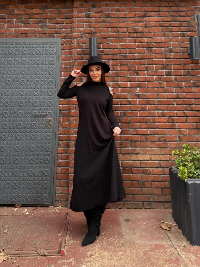 Kadın Balıkçı Yaka Omuzlardan Açık Uzun Kollu Janjan Krep Elbise - 5