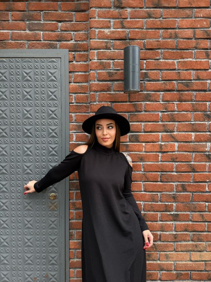 Kadın Balıkçı Yaka Omuzlardan Açık Uzun Kollu Janjan Krep Elbise - 6