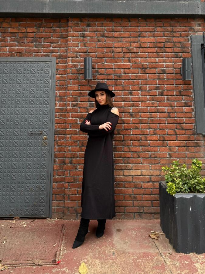 Kadın Balıkçı Yaka Omuzlardan Açık Uzun Kollu Janjan Krep Elbise - 8