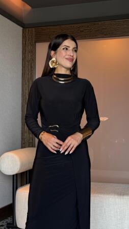 Kadın Balıkçı Yaka Toka Detay Sandy Kumaş Midi Boy Elbise - 4