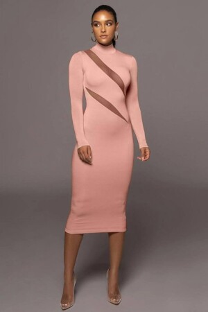 Kadın Balıkçı Yaka Uzun Kollu Asimetrik Tül Dekolteli Dırsat ürün Midi Boy Elbise - ANGELINO BuyukBedeniz