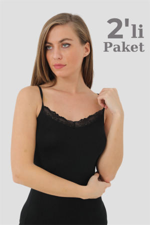 Kadın Bambu Siyah V Yaka İp Askılı Dantelli Atlet 2'li Paket - 1