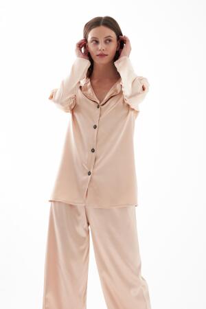 Kadın Bej Oversize Saten Pijama Takımı - 4