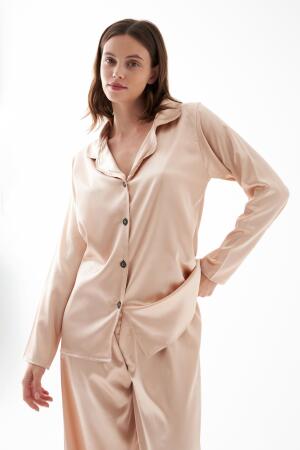 Kadın Bej Oversize Saten Pijama Takımı - Angelino
